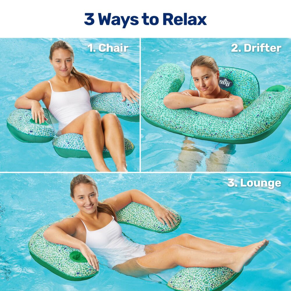 Chair, Drifter, Lounge Pool Float Aqua Mosaic 3-in-1 Lounge Chair Multi-Purpose Inflatable Aqua Green Mosaic 