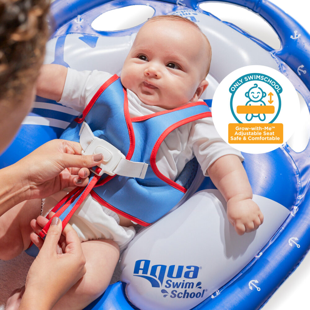 Swimschool Freestyle Swimmer Baby Pool Float with Multi-Position, Adjustable Safety Seat, Free Swimming, Dual Air Chambers Safe, Red-White-Blue